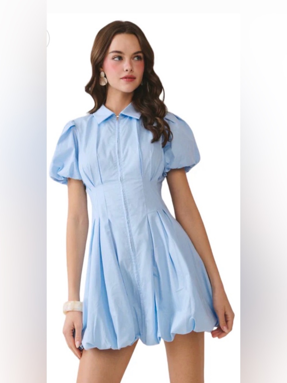 TCEC Baby Blue Fit and Flare Zipper Front Bubble Sleeves Dress